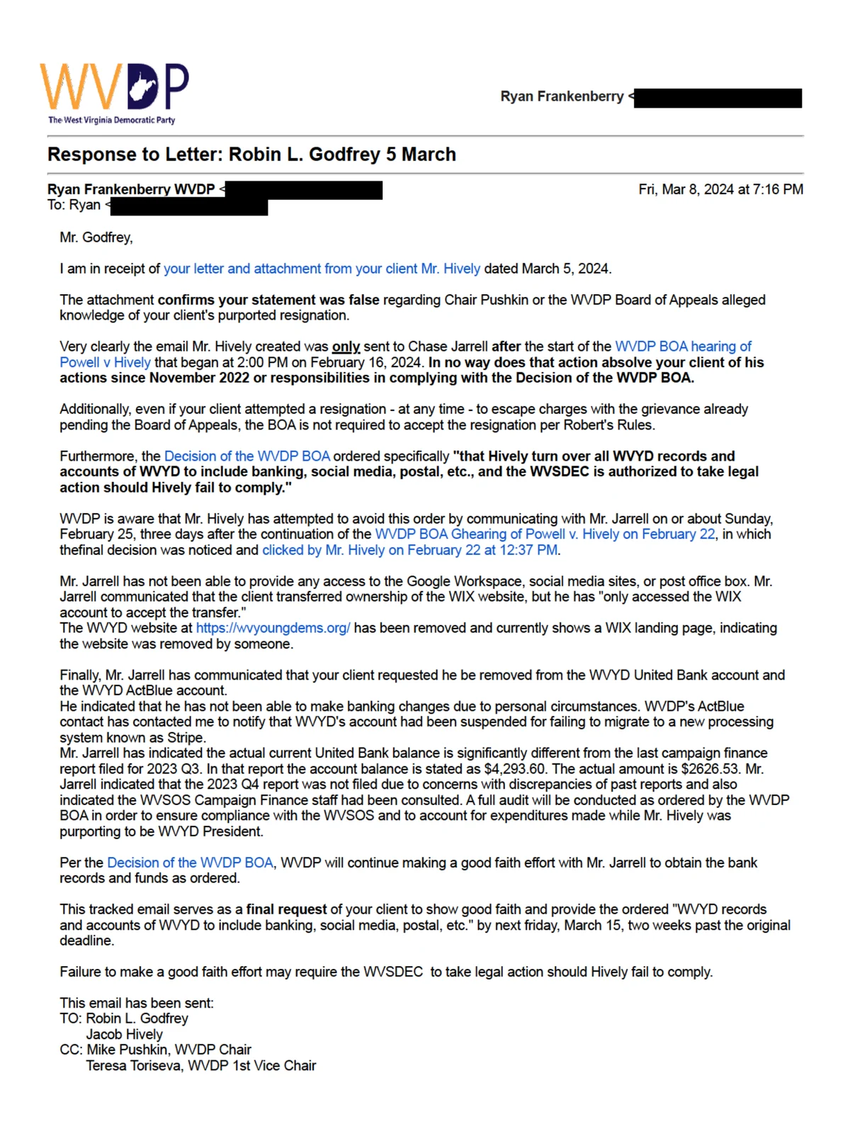 Preview of Frankenberry Correspondence with Hively Attorney Godfrey (March 1 and 8, 2024)